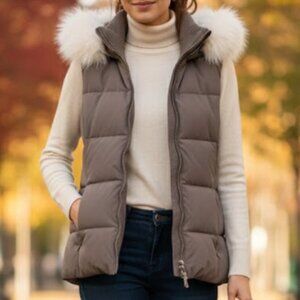 Sweaty Betty London Quilted Hooded Vest with Faux Fur Trim Winter Taupe New S